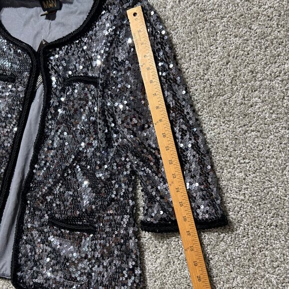 Iman Womens 1X Black & Silver Sequin Open Front Jacket 3/4 Sleeves Party Wear - Picture 6 of 9